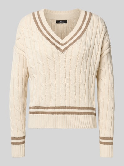 Lauren Ralph Lauren Sweter z dzianiny ze ściegiem warkoczowym i dekoltem w serek model ‘TEDURPH’ Beżowy 2