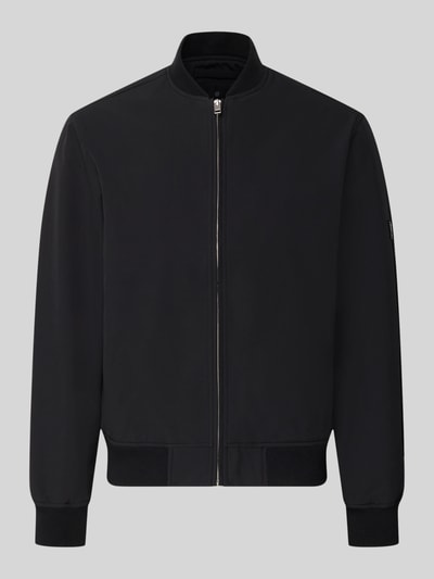 Produktfoto, zwarte heren bomberjack met opstaande kraag, materiaalmix met stretch, los model, ritssluiting, steekzakken, elastische boorden, Jack & Jones Premium Bomberjacke mit Stehkragen Modell 'BLAASPEN'