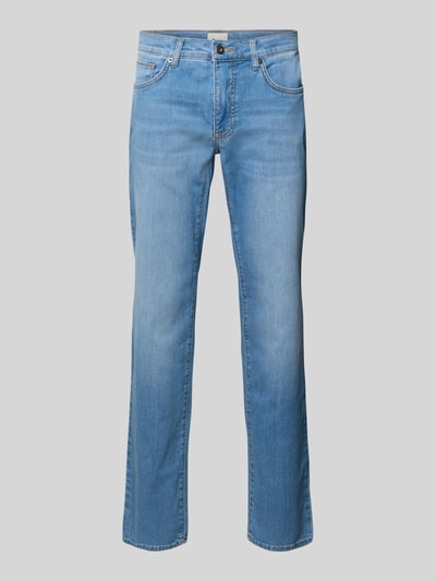 Produktfoto, Straight Fit Jeans aus Baumwoll-Mix Modell 'CADIZ' von Brax in Denim-Optik, Label-Patch, 5-Pocket-Design, mittleres Blau, glatte Textur