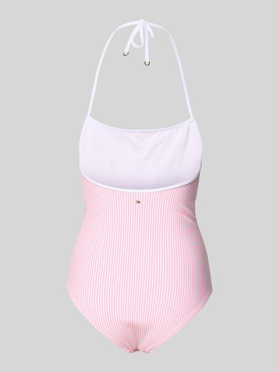 Produktfoto, Badeanzug mit Neckholder von TOMMY HILFIGER, Optik: Allover-Muster, gestreift, Logo-Stitching, Materialverarbeitung: Seersucker, rosa-weiß