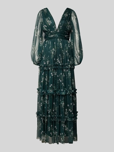 Produktfoto, Abendkleid im Stufen-Look mit V-Ausschnitt von LACE & BEADS z tiulu w kolorze butelkowej zieleni z kwiatowym wzorem, fason A-linia, szeroki pasek w talii, długość tyłu w rozmiarze S: 120 cm, szerokość w rozmiarze S: 38 cm
