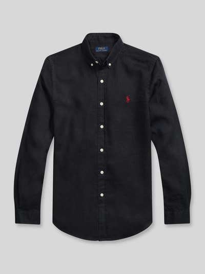 Produktfoto, Regular Fit Freizeithemd aus reinem Leinen von Polo Ralph Lauren, efekt: jednolity kolor, krój regular fit, kołnierzyk typu button down, listwa guzikowa jednorzędowa, detal z logo, długi rękaw, mankiety sportowe, wykończenie lekko zaokrąglone, cieniowana przędza, czarny len