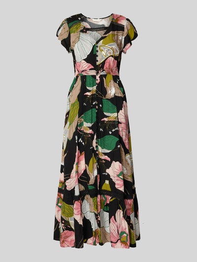 Produktfoto, Maxikleid aus Viskose mit V-Ausschnitt von Apricot, taillierte Passform, Volants, Eingrifftaschen, bunter Blumenprint, Reine Viskose, Rückenlänge 130 cm, Brustweite 43 cm, Ärmellänge 11 cm