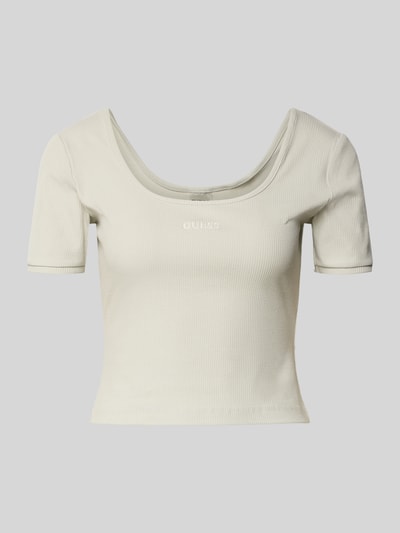 Produktfoto, Cropped T-Shirt aus Lyocell-Mix Modell 'Circe' von Guess Activewear, jasny kolor, prążkowana faktura, logo, krój slim fit, bawełna