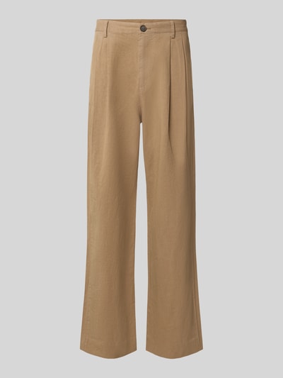 Produktfoto, Relaxed Fit Stoffhose aus Baumwoll-Leinen-Mix von Paul Smith in Beige mit Kellerfalten, Knopf- und Reißverschluss, Eingriff- und Gesäßtaschen, sichtbare Textur und lockerer Schnitt, geeignet für Herren