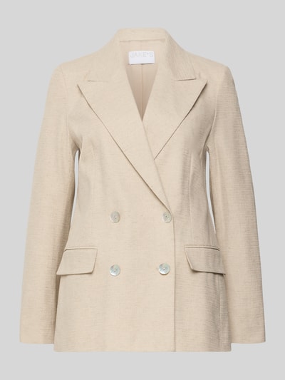 Produktfoto, Regular Fit Blazer aus Baumwoll-Leinen-Mischung mit doppelter Knopfleiste von Jake*s Collection, beżowy kolor, klapy, kieszenie z patkami, krój regular fit, długość tyłu w rozmiarze 36: 71 cm, szerokość w rozmiarze 36: 46 cm, długość rękawa w rozmiarze 36: 65 cm, gładka tekstura