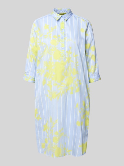 Produktfoto, Knielanges Hemdblusenkleid mit kurzer Knopfleiste von Milano Italy aus Reine Baumwolle im Gerader-Schnitt, Knielänge, Hemdblusenkragen, 1/2-Arm, Rückenlänge 99 cm, Brustweite 51 cm, Ärmellänge 42 cm, Muster in Hellblau-Weiß mit gelbem Blumenprint, glatte Oberfläche