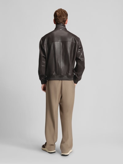BOSS Regular Fit Lederjacke mit Stehkragen Modell 'MANDER' Dunkelbraun 5