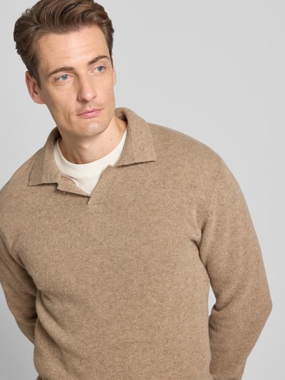 Casual Friday Sweter z dzianiny z mieszanki wełny z kołnierzykiem polo model ‘Karl’ Camel melanż 3