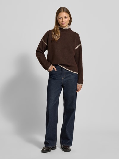 Stefanel Strickpullover mit Stehkragen Dunkelbraun 1