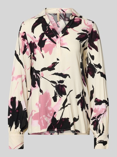 Produktfoto, Blusenshirt mit V-Ausschnitt Modell 'BENE' von Soyaconcept, czysta wiskoza, luźny krój, kremowy z różowo-czarnymi wzorami, długość tyłu 66 cm, długość rękawa 63 cm