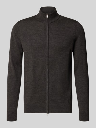 Productfoto, Regular Fit Strickjacke aus reiner Baumwolle mit Stehkragen van Profuomo in donkergrijs, puur katoen, regular fit, opstaande kraag, tweewegritssluiting, met lange mouwen, elastische boordjes, ruglengte maat M 69 cm, mouwlengte maat M 67 cm