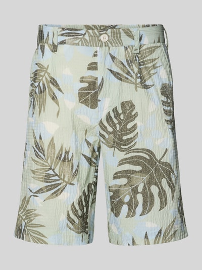 Produktfoto, Shorts im Allover-Look von Lindbergh, grün-beiges Blattmuster, Regular Fit, sichtbare Struktur, Baumwoll-Elasthan-Mix