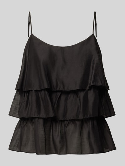 Produktfoto, Regular Fit Top aus Lyocell-Mix von JAKE*S STUDIO WOMAN, schwarz, mit Rüschenbesatz und Spaghetti-Träger, Rückenlänge 35 cm bei Größe 36.