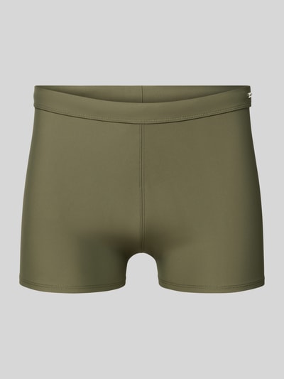 Produktfoto, Slim Fit Bade-Trunks mit Logo-Detail von Calvin Klein Underwear in Olivgrün, elastischer Material-Mix, glatte Textur, elastischer Bund.