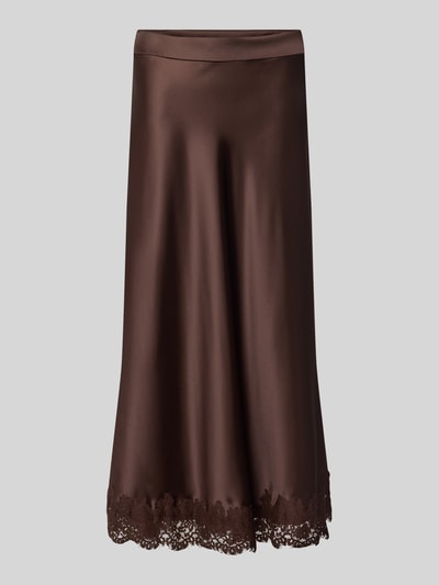 Produktfoto, brauner Midirock aus Satin mit Spitzenbesatz von Christian Berg Woman Selection, elastischer Material-Mix, körpernahe Passform