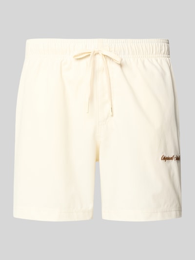 Produktfoto, Badehose mit Label-Stitching Modell 'MAUI' von Jack & Jones, Regular-Fit, elastischer Bund, Tunnelzug, einfarbig cremefarben, glatte Textur.