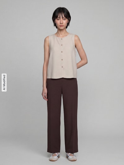 Vrouwenmodel draagt Wide Leg Weite broek uit viscosemix model 'Lillyth' van Raphaela By Brax, bruin, effen kleur, full-body vooraanzicht.