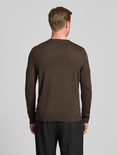 Christian Berg Men Gebreide pullover van een mix van merinowol met V-hals Donkerbruin gemêleerd - 5