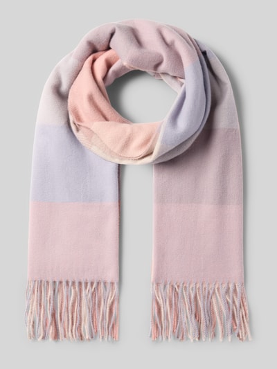 Produktfoto, Schal mit Fransen und Karo-Muster von Kurt Beines in Rosa-, Flieder- und Creme-Tönen, rechteckige Form, glatte Textur, 70 x 198 cm