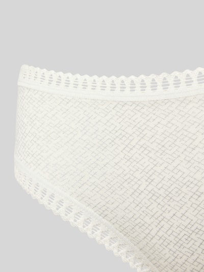 Productfoto, fijn gestructureerde witte slip met kanten boord, katoenmix. Slip aus Baumwoll-Mix Modell 'GO CRUSH' im 3er-Pack van Sloggi, Mix van katoen en elastaan, dames slip, aansluitende pasvorm, elastische band, boorden met kant, Set van 3