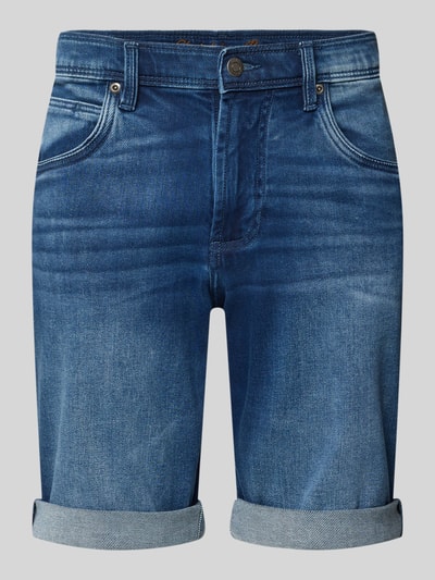 Produktfoto, Bermudas im 5-Pocket-Design mit Aufschlag von Christian Berg Men, Herren Bermudas aus Baumwoll-Mix mit Stretch-Anteil, Straight Fit, Knopf- und Reißverschluss, dunkelblaue Jeansoptik, sichtbare Struktur und dezente Farbverläufe, Bundweite 42 cm, Innenbeinlänge 25 cm bei Größe 32.