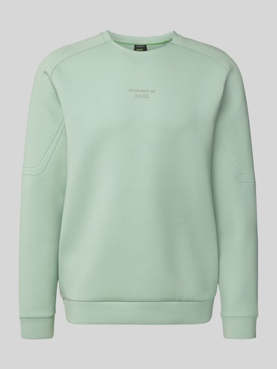 Produktfoto, Regular Fit Sweatshirt aus Baumwoll-Mix Modell 'SW_PS SPIRIT70 CN' von BOSS Green X Porsche, mintgrün, unifarben, glatte Sweat-Textur, Rundhals, 3D-Label Print, gerippte Bündchen