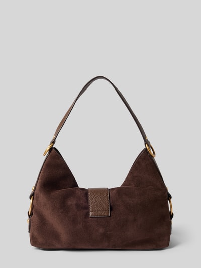Produktfoto, Schultertasche aus braunem Wildleder mit Logo-Detail von GUESS, Modell 'CAMDEN', strukturierte Oberfläche, goldfarbene Details
