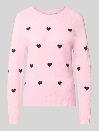 Produktfoto, rosa Damen Regular Fit Pullover mit Rundhalsausschnitt Modell 'DOFFY' von VERO MODA, schwarze Herzmuster, weiche Textur
