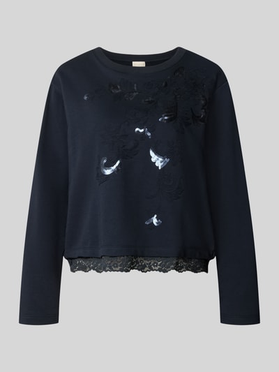 Produktfoto, Regular Fit Longsleeve aus Baumwoll-Mix mit Spitzenbesatz von Milano Italy, florales Design, Pailetten, dunkelblau