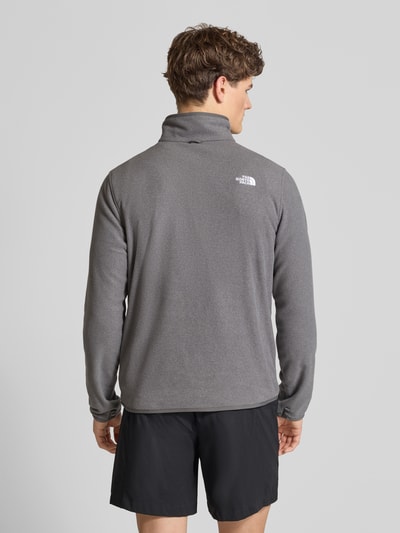 Männermodel trägt Fleecejacke mit Stehkragen Modell 'GLACIER' von The North Face in Grau, gerade Passform, Rückenlänge 68 cm, Ganzkörperansicht Rückansicht.