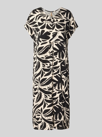 Produktfoto, Midikleid mit Kordelzug und V-Ausschnitt Modell 'MARICA' von Soyaconcept im schwarz-beigen Blätterprint, Lyocell-Mix mit Stretch-Anteil, taillierter Schnitt, Damen Midikleid