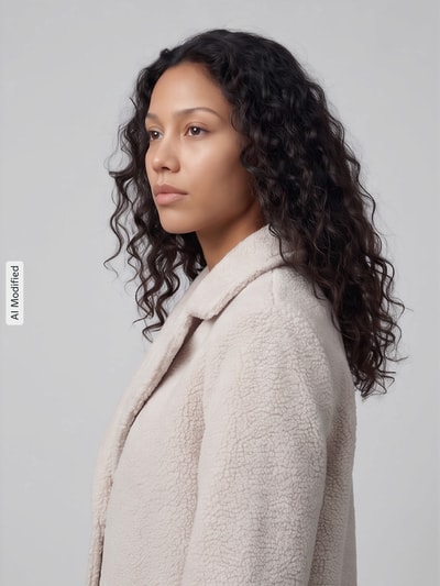 Frauenmodel trägt Regular Fit Mantel mit Reverskragen von Tom Tailor, Melange-Optik, Bouclé-Struktur, Nahaufnahme Oberkörper, KI-modifiziertes Bild.