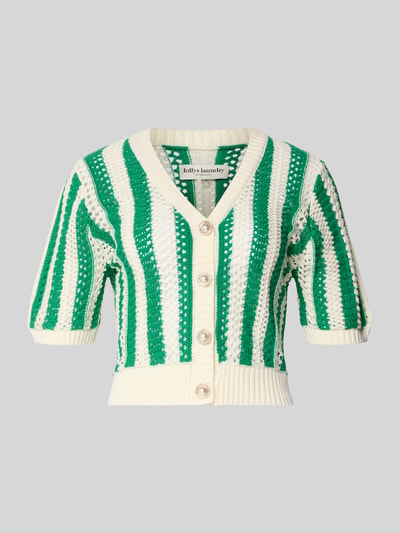 Produktfoto, Cropped Cardigan mit Lochmuster Modell 'Siva' von Lollys Laundry aus grün-weißem Baumwoll-Mix in Strick-Optik, Halbarm, V-Ausschnitt, elastische Abschlüsse, durchgehende Knopfleiste, Rückenlänge 51 cm bei Größe S.