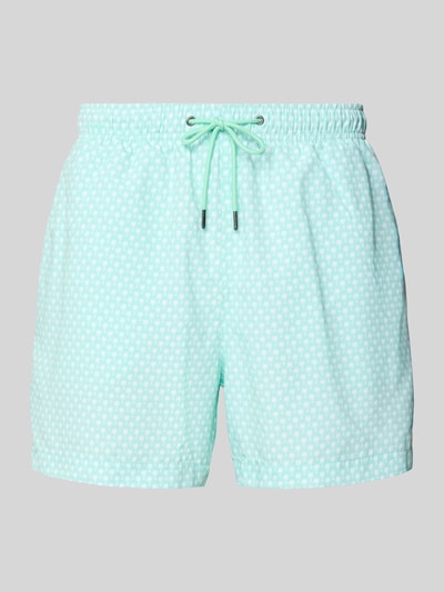 Produktfoto, Badehose mit Gesäßleistentasche von MCNEAL in Mint mit weißen Punkten, elastischer Bund mit Kordelzug, Logo-Stitching, Loose-Fit.