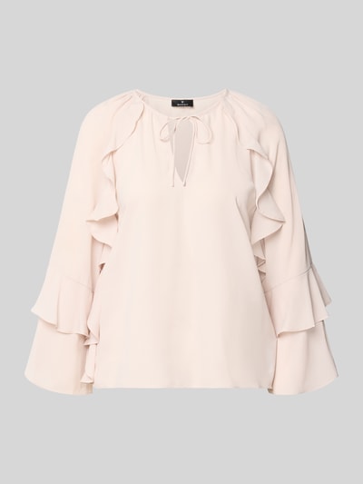 Produktfoto, Regular Fit Bluse mit Schlüssellochausschnitt von monari in hellem Beige mit Zierschleife, Rüschenbesatz und 3/4-Arm.