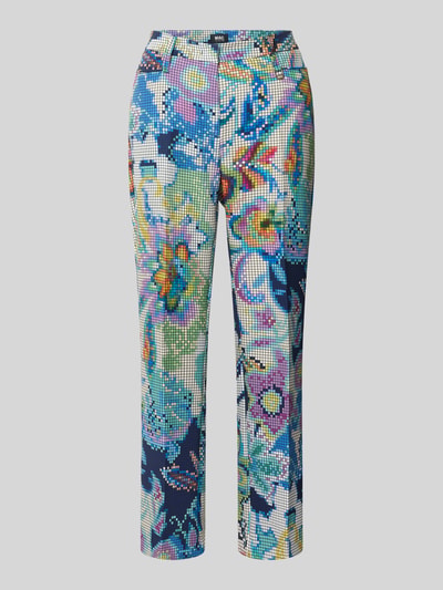 Produktfoto, bunte Hose mit Label-Detail Modell 'Aida Kick' von MAC, Slim Fit, florales Muster, Material-Mix, weiße und blaue Grundtöne