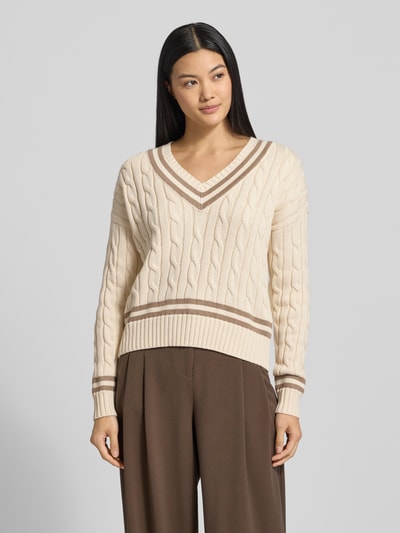 Lauren Ralph Lauren Sweter z dzianiny ze ściegiem warkoczowym i dekoltem w serek model ‘TEDURPH’ Beżowy 4