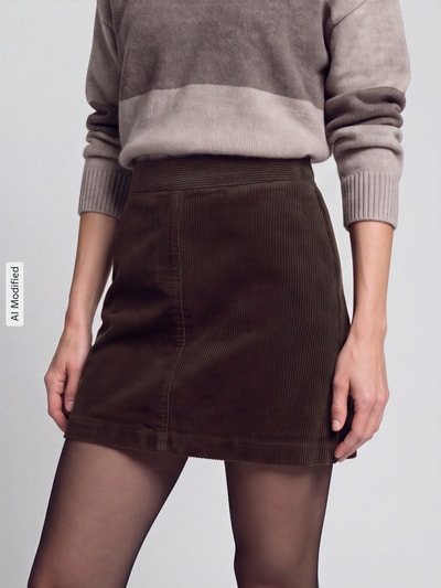 Frauenmodel trägt A-Linie Mini-Rock aus Baumwoll-Mix von Marc O'Polo DENIM in Dunkelbraun, gerippte Textur, Nahaufnahme Oberkörper, KI-modifiziertes Bild.