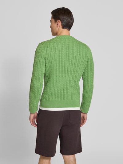 Männermodel trägt Regular Fit Strickpullover aus Baumwoll-Mix von Lacoste, Farbe grün, Zopfmuster, Unifarben, Ganzkörperansicht Rückansicht.