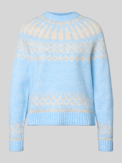 Produktfoto, Regular Fit Strickpullover mit Woll-Anteil von Christian Berg Woman in Hellblau mit cremefarbenem Norwegermuster, elastischer Material-Mix, gerippte Blende, Rippbündchen, langärmliges Design.