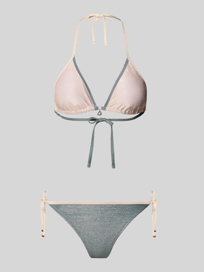 Produktfoto, Bikini mit wattierten Cups und seitlicher Schnürung od Banana Moon, mix materiałów, brokatowa faktura, model 'MUNDOIOKA GLITTERWAVE', detal z sercem, wiązanie po bokach, label detail