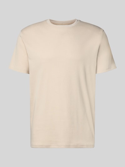 Produktfoto, Regular Fit T-Shirt aus Baumwoll-Mix Modell 'SPENCER' von Selected Homme in Optik: Unifarben, gestreift strukturiert, Rundhals, Kurzarm, Feinripp, beige.