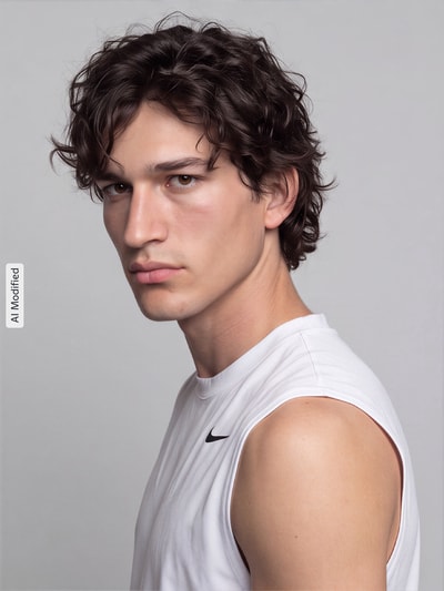Männermodel trägt weißes Regular Fit T-Shirt mit Logo-Print von Nike, glatte Stofftextur, Herren Sport-T-Shirt, Nahaufnahme Oberkörper, KI-modifiziertes Bild
