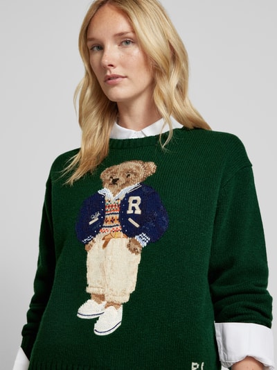 Polo Ralph Lauren Gebreide pullover met motiefstitching, model 'PREP BEAR' Donkergroen - 3