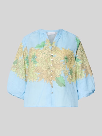 Produktfoto, Regular Fit Bluse mit V-Ausschnitt und 3/4-Arm van Rich & Royal in lichtblauw, puur katoen, all-over look, knoopsluiting, maat 36 ruglengte 60 cm, mouwlengte 40 cm, grote gele bloemenprint, fijne structuur