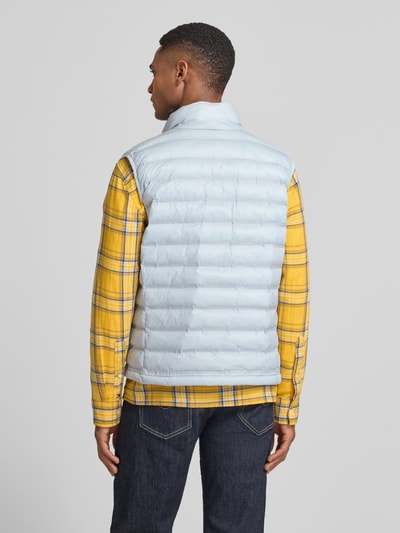 Männermodel trägt Steppweste mit Zweiwege-Reißverschluss Modell 'Arvale' von Blauer Usa, Regular-Fit, Stehkragen, Rückenlänge 65 cm, Schulterbreite 44 cm, Brustweite 52 cm, Ganzkörperansicht Rückansicht