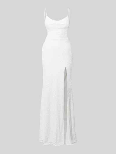 Produktfoto, avondjurk met paillettenbesatz en diep rugdecolleté van Hey Kyla, wit, materiaalmix met stretch, nauwsluitend model, maxi-jurk, ronde hals, spaghettibandjes, loopsplit, semi-transparante look aan de achterkant, ritssluiting, ruglengte maat 36: 136 cm, borstwijdte maat 36: 30 cm