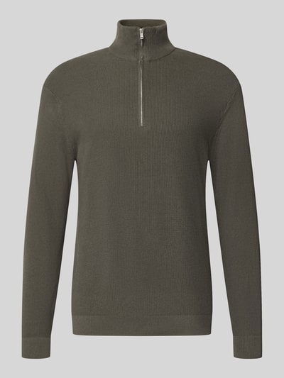 Productfoto, regular fit pullover uit pure katoen model 'TONY' van ONLY & SONS, effen donkergroen met fijne ribstructuur