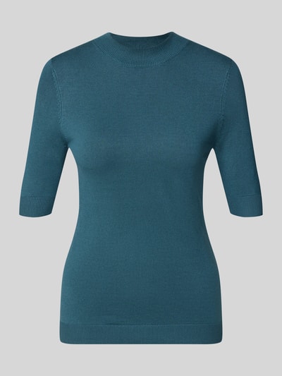 Produktfoto, Slim Fit Strickpullover aus Viskose-Mix von COMMA in Petrolblau mit gerippten Blenden und Abschlüssen, Halbarm, glatte Struktur